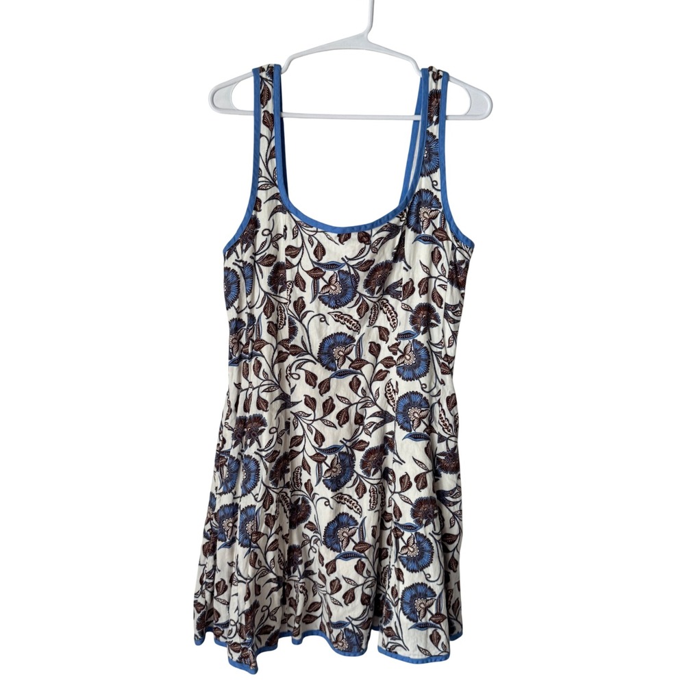 Rachel Zoe Floral Linen Blend Sun Dress Blue Cream Smocked Back Size 10